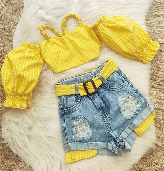 1 5years fashion children girls summer clothing sets off shoulder plaid strap crop belt denim ripped hole shorts outfits, White
1 5years fashion children girls summer clothing sets off shoulder plaid strap crop belt denim ripped hole shorts outfits, White