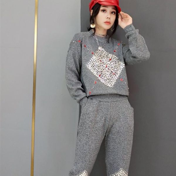 arrival woman suit fashion casual diamond beaded pullover sweater and pants 2 piece set grey elastic waist full length women's two, White
arrival woman suit fashion casual diamond beaded pullover sweater and pants 2 piece set grey elastic waist full length women's two, White