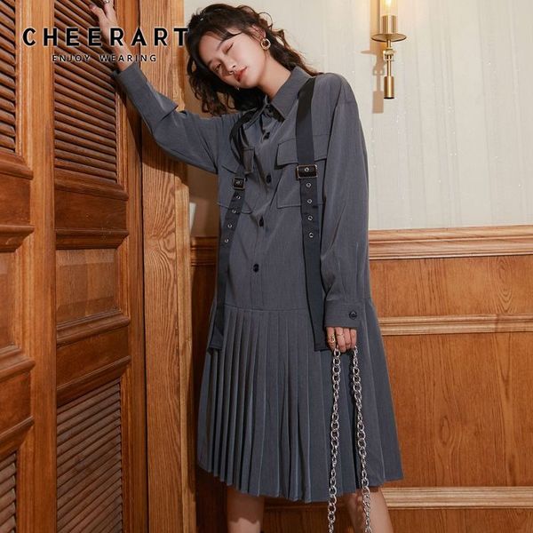 autumn grey pleated shirt dress women long sleeve button up collar ribbon double pockets loose 210427, Black;gray
autumn grey pleated shirt dress women long sleeve button up collar ribbon double pockets loose 210427, Black;gray