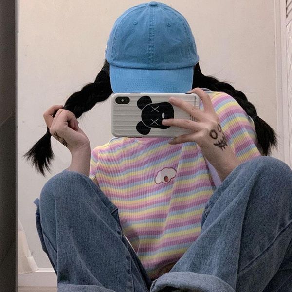 women's t-shirt casual strawberry embroidery rainbow striped knit short sleeve female summer sweet girls tee shirt, White
women's t-shirt casual strawberry embroidery rainbow striped knit short sleeve female summer sweet girls tee shirt, White