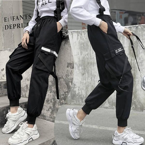 women's trousers korean style trend autumn 2021 loose harem hip hop overalls women cargo pants & capris, Black;white 
women's trousers korean style trend autumn 2021 loose harem hip hop overalls women cargo pants & capris, Black;white