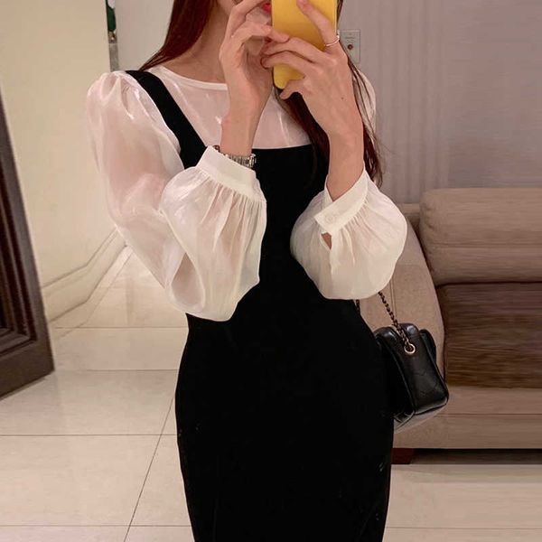 o neck glossy long sleeve blouse transparent slim wrap hip black split tank dress women fashion ol retro elegant 210610, White
o neck glossy long sleeve blouse transparent slim wrap hip black split tank dress women fashion ol retro elegant 210610, White