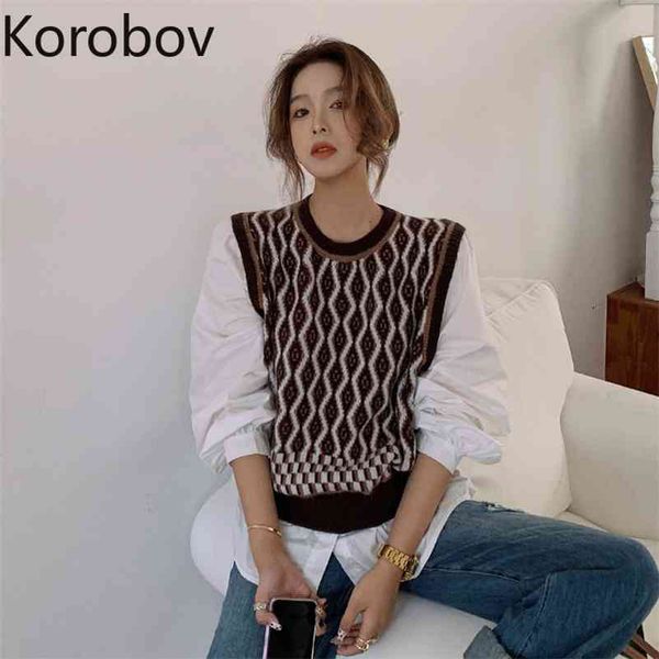 korobov new chic o neck knit patchwork sweaters korean long sleeve korean elegant pullovers ol fake two pieces sweater 210430, White;black
korobov new chic o neck knit patchwork sweaters korean long sleeve korean elegant pullovers ol fake two pieces sweater 210430, White;black