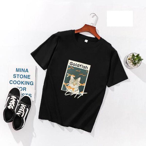 women's t-shirt goldfish print women t shirts spring summer short sleeve o neck cotton spandex tees slim fit t-shirts, White 
women's t-shirt goldfish print women t shirts spring summer short sleeve o neck cotton spandex tees slim fit t-shirts, White