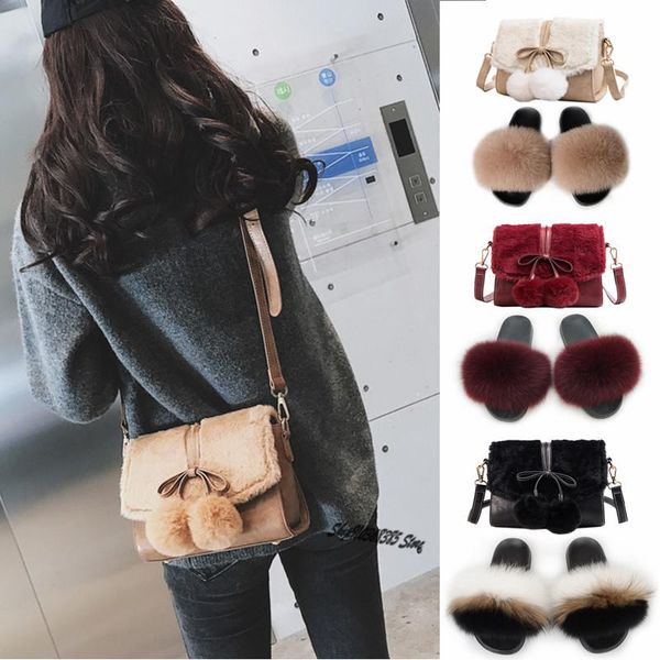 women's plush bags shoulder messenger bag set ladies real fluffy fur slippers summer outdoor fashion furry slides flat shoes, Black
women's plush bags shoulder messenger bag set ladies real fluffy fur slippers summer outdoor fashion furry slides flat shoes, Black