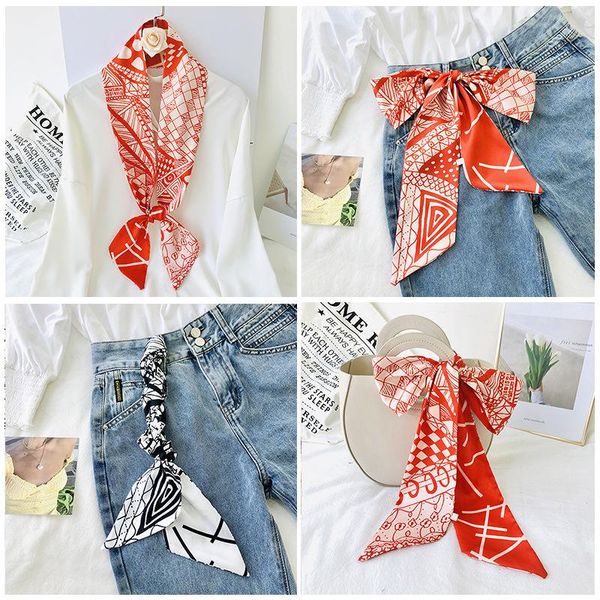 scarves women vintage skinny scarf striped print long soft silk hair band belt multi-functional decorative kerchief ribbon, Blue;gray
scarves women vintage skinny scarf striped print long soft silk hair band belt multi-functional decorative kerchief ribbon, Blue;gray