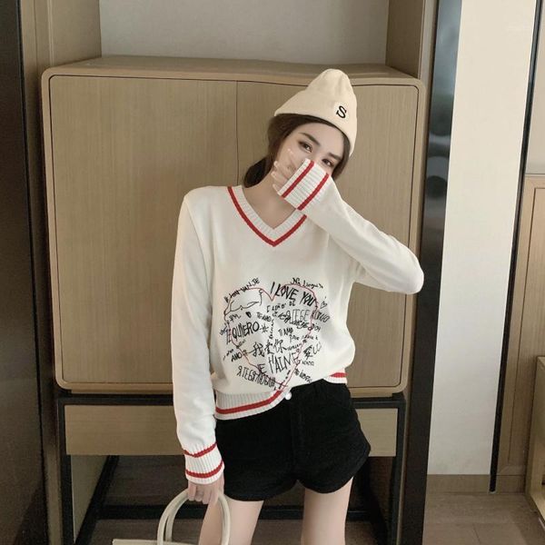 autumn and winter v-neck pullover sweater women embroidered letter blouse women's sweaters, White;black
autumn and winter v-neck pullover sweater women embroidered letter blouse women's sweaters, White;black
