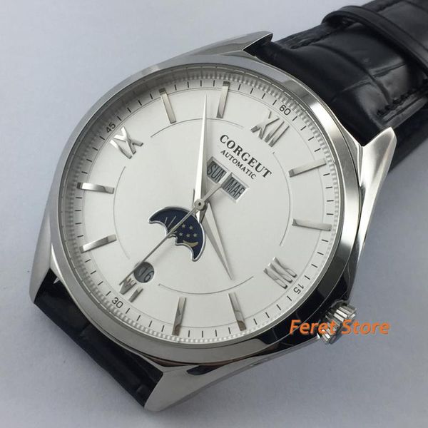 wristwatches 41mm moon phase watch white dial stainless steel case leather automatic mechanical, Slivery;brown
wristwatches 41mm moon phase watch white dial stainless steel case leather automatic mechanical, Slivery;brown