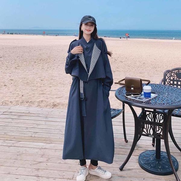 women's trench coats 2021 spring autumn patchwork navy blue plaid women coat long double-breasted duster for lady outerwear, Tan;black
women's trench coats 2021 spring autumn patchwork navy blue plaid women coat long double-breasted duster for lady outerwear, Tan;black