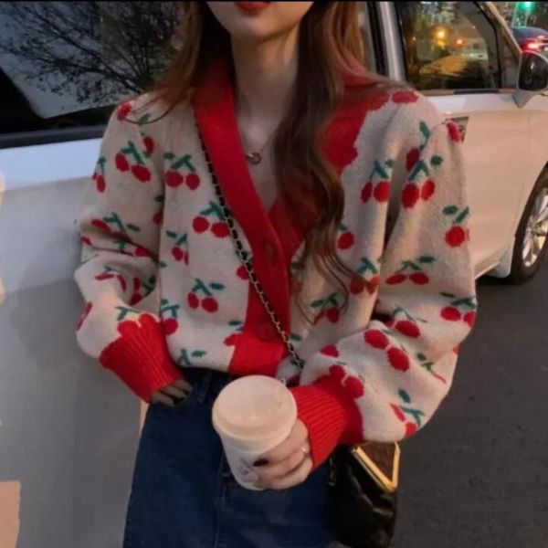 women's knits & tees sweet women v-neck knitted cardigan chic cherry crocheted loose sweater coat single-breasted jacket knitwear crop, White
women's knits & tees sweet women v-neck knitted cardigan chic cherry crocheted loose sweater coat single-breasted jacket knitwear crop, White