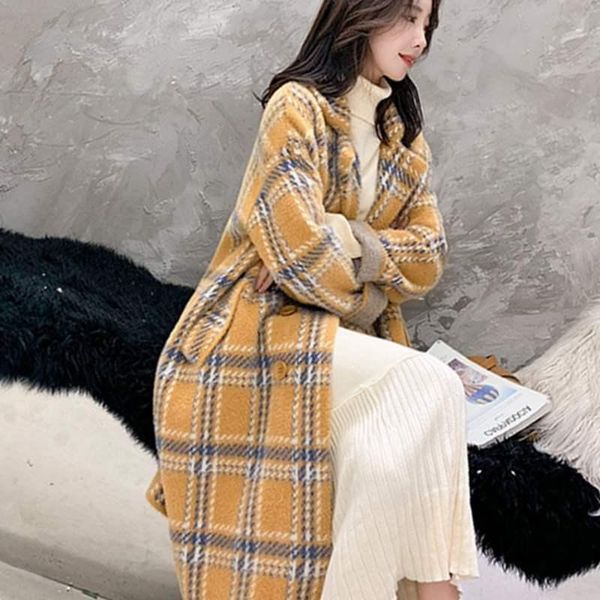 women's wool & blends autumn fashion women elegant long loose plaid woolen coats ladies casual female warm turn-down collar outwear, Black 
women's wool & blends autumn fashion women elegant long loose plaid woolen coats ladies casual female warm turn-down collar outwear, Black