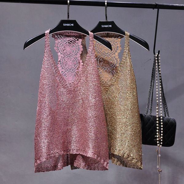 camis summer camisole tank woman leakage shoulder vest halter sequined lace beauty back knitted outer wear, White