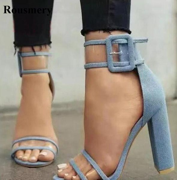 fashion women open toe blue jean patchwork pvc transparent thick heel sandals ankle strap chunky high buckle, Black 
fashion women open toe blue jean patchwork pvc transparent thick heel sandals ankle strap chunky high buckle, Black