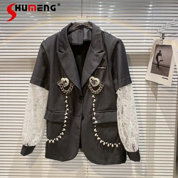 women's suits & blazers 2021 summer back hollowed heart shape lace stitching sleeves beaded business suit coat for women, White;black
women's suits & blazers 2021 summer back hollowed heart shape lace stitching sleeves beaded business suit coat for women, White;black