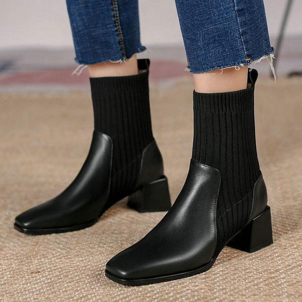 boots 2021 autumn winter knitting genuine leather square toe ankle fashion slip on thick high heel women's shoes, Black
boots 2021 autumn winter knitting genuine leather square toe ankle fashion slip on thick high heel women's shoes, Black