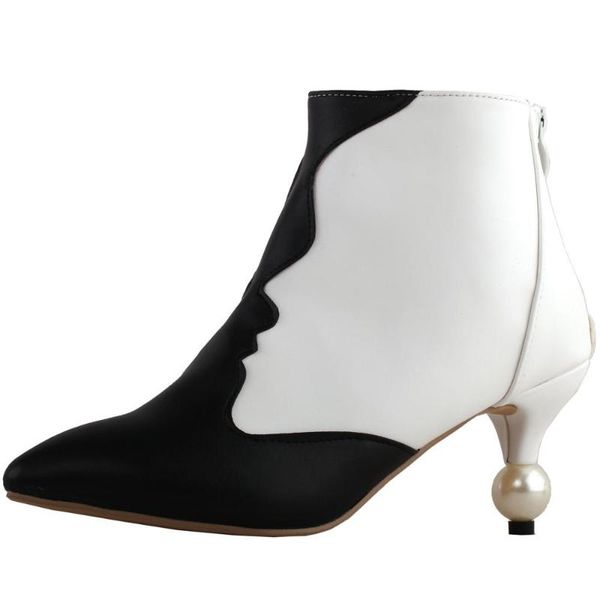 dress shoes lf60434 show story retro two tone woman's face pointed toe exquisite pearl heel ankle bootie, Black
dress shoes lf60434 show story retro two tone woman's face pointed toe exquisite pearl heel ankle bootie, Black