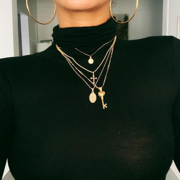 pendant necklaces four layers necklace disc cross key virgin mary madonna gold color plated metal chain, Silver
pendant necklaces four layers necklace disc cross key virgin mary madonna gold color plated metal chain, Silver