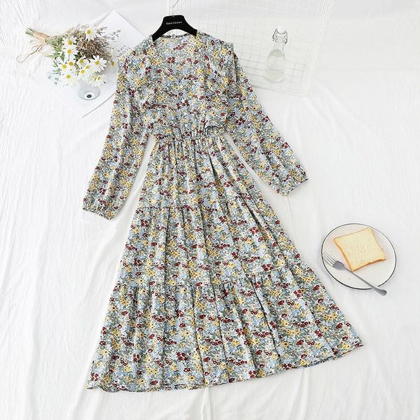 women's casual a-line chiffon dress 2021 spring autumn vintage vestidos long sleeve v-neck printed floral dresses, Black;gray 
women's casual a-line chiffon dress 2021 spring autumn vintage vestidos long sleeve v-neck printed floral dresses, Black;gray