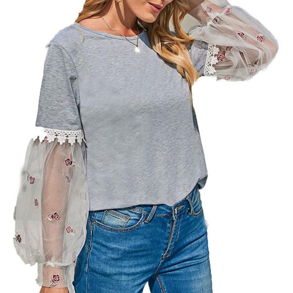 western style t-shirt casual fashion simple loose thin designer net yarn splicing embroidered lantern sleeve round neck women's, White
western style t-shirt casual fashion simple loose thin designer net yarn splicing embroidered lantern sleeve round neck women's, White