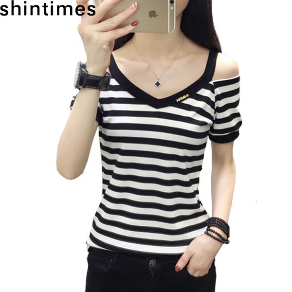 women's t-shirt striped tee femme summer korean fashion casual v-neck t short sleeve off shoulder black tshirts n2xw, White
women's t-shirt striped tee femme summer korean fashion casual v-neck t short sleeve off shoulder black tshirts n2xw, White