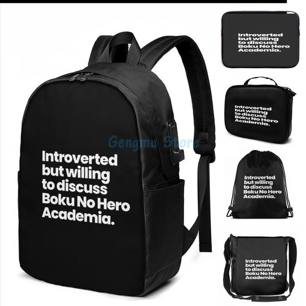 graphic print introvert but willing to discuss boku no academia usb charge backpack men school bags women travel lapbag
graphic print introvert but willing to discuss boku no academia usb charge backpack men school bags women travel lapbag