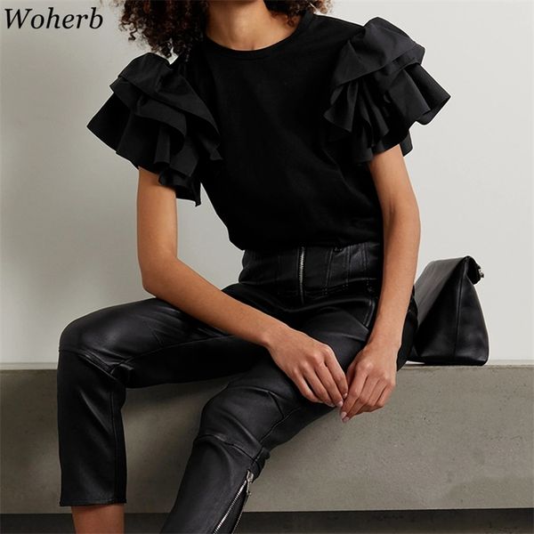 summer fashion ruffle short sleeve t-shirt women elegant solid tees korean chic office lady casual all match 210519, White
summer fashion ruffle short sleeve t-shirt women elegant solid tees korean chic office lady casual all match 210519, White