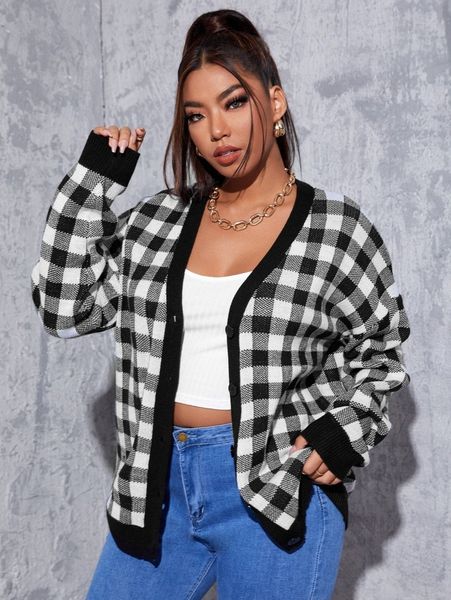 plus gingham pattern button front drop shoulder cardigan n1qa#, Black 
plus gingham pattern button front drop shoulder cardigan n1qa#, Black