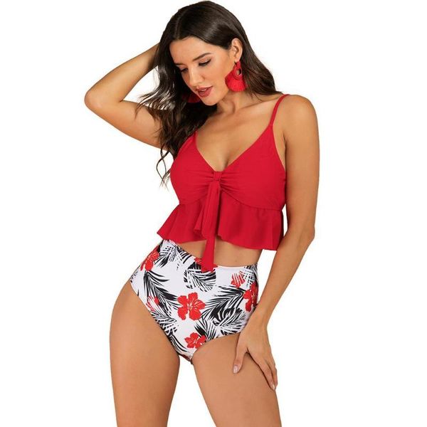 women's swimwear women padded ruffled hem bra high waist floral print briefs bikini swimsuit, White;black
women's swimwear women padded ruffled hem bra high waist floral print briefs bikini swimsuit, White;black