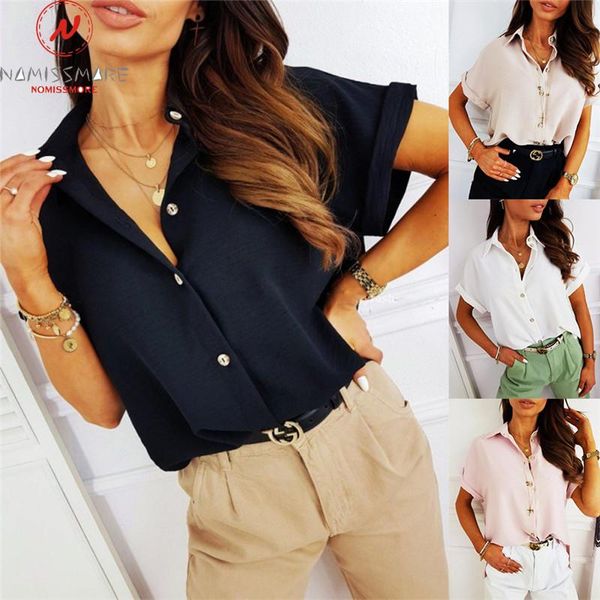 fashion women summer casual loose shirts for streetwear single-breasted design turn-down collar short sleeve solid color women's blouse, White
fashion women summer casual loose shirts for streetwear single-breasted design turn-down collar short sleeve solid color women's blouse, White