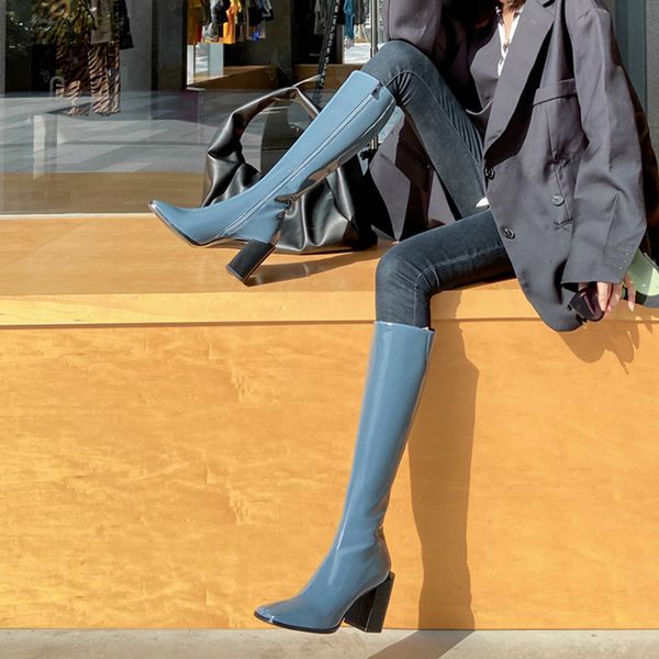 2021 autumn and winter fashion square head thick heels knee high boots simple haze blue side zipper large women's sho, Black
2021 autumn and winter fashion square head thick heels knee high boots simple haze blue side zipper large women's sho, Black