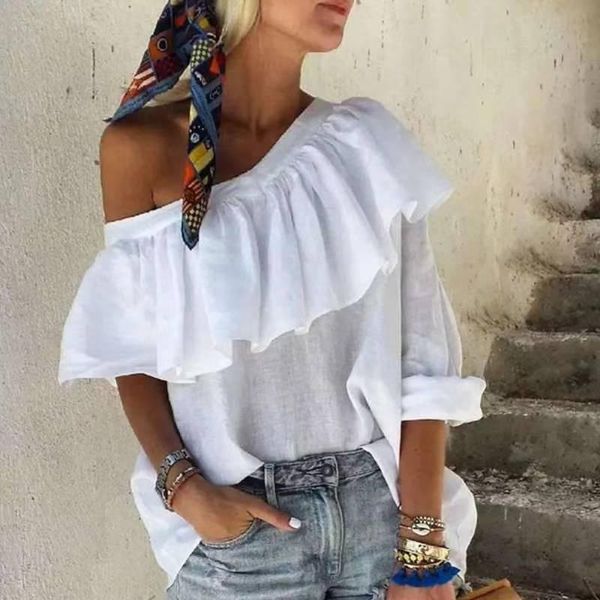 women's t-shirt 2021 summer off shoulder solid color cotton linen women elegant ruffle long sleeve skew neck pullover, White
women's t-shirt 2021 summer off shoulder solid color cotton linen women elegant ruffle long sleeve skew neck pullover, White