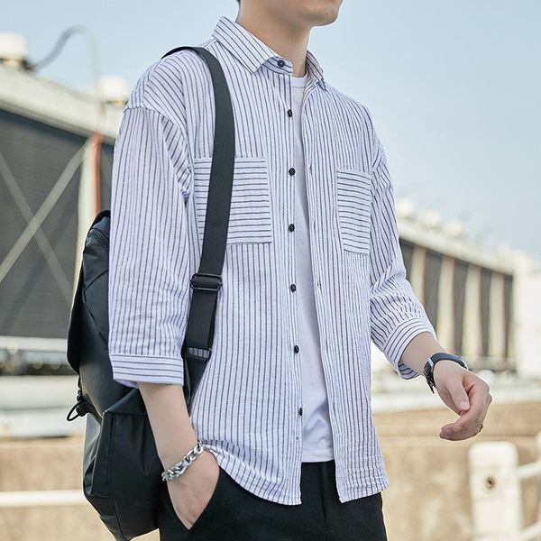 men's casual shirts shirt summer loose striped three-quarter sleeve korean youth fashion trend camisas para hombre, White;black
men's casual shirts shirt summer loose striped three-quarter sleeve korean youth fashion trend camisas para hombre, White;black
