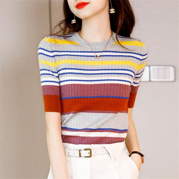 women's t-shirt vintage colours stripe slim o-neck women summer short sleeve contrast color knit office lady knitwear base tees, White
women's t-shirt vintage colours stripe slim o-neck women summer short sleeve contrast color knit office lady knitwear base tees, White
