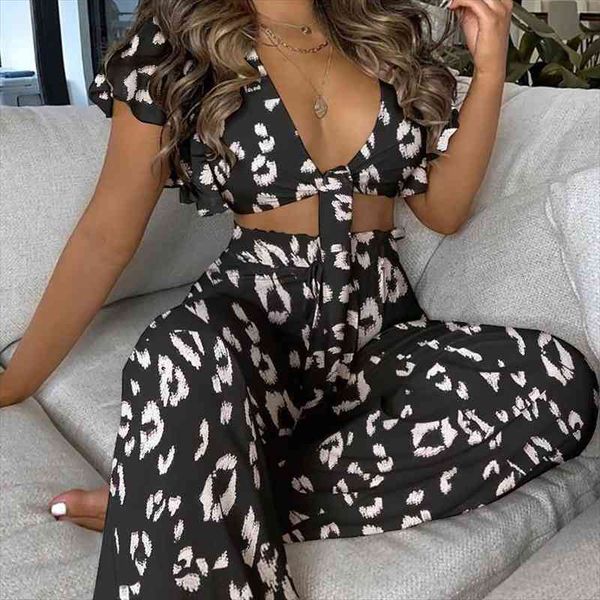 summer two pieces trousers womens pants suit fashion leopard tie dyed printed ruffles fly sleeve knot front t shirt wide, White
summer two pieces trousers womens pants suit fashion leopard tie dyed printed ruffles fly sleeve knot front t shirt wide, White