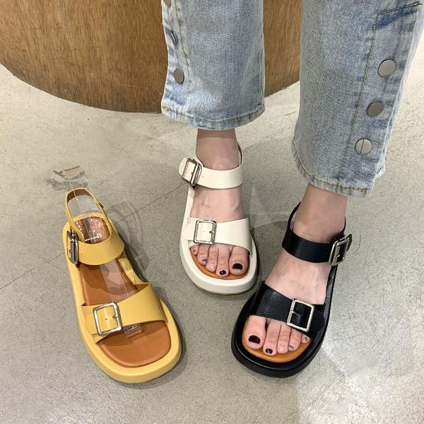 fashion platform sandals 2021 summer est leather flat heel shoes open toe buckle rome dress, Black