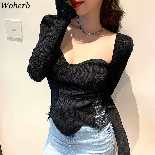 women autumn glitter knitted slim sweaters square collar asymmetrical pullover lace patch button jumper chic 210422, White;black
women autumn glitter knitted slim sweaters square collar asymmetrical pullover lace patch button jumper chic 210422, White;black
