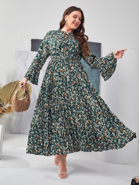 plus floral print flounce sleeve tie neck pleated hem dress a3yl#, Black 
plus floral print flounce sleeve tie neck pleated hem dress a3yl#, Black