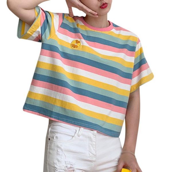 women's t-shirt summer arrival rainbow striped short casual loose embroidered bottoming tee sleeves, White
women's t-shirt summer arrival rainbow striped short casual loose embroidered bottoming tee sleeves, White