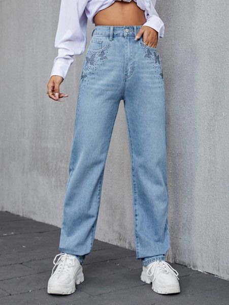 rhinestone butterfly straight leg jeans v0lj#, Blue