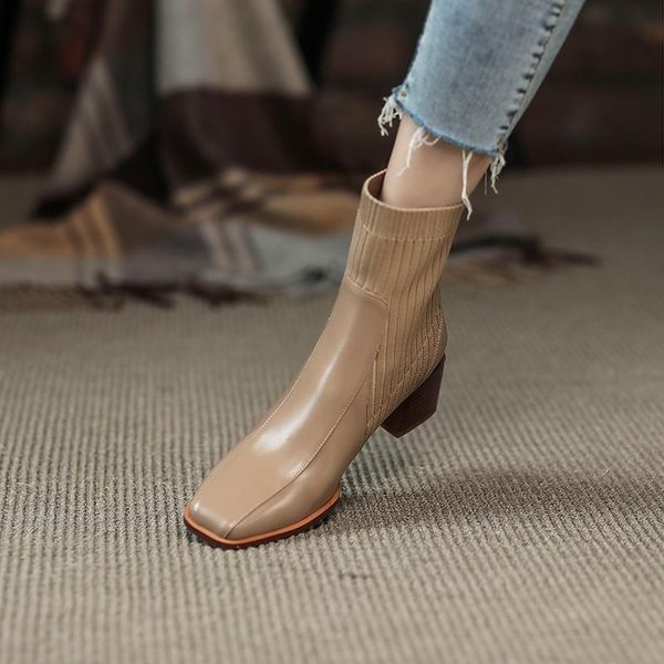 boots genuine cow leather thick heel square toe single british style knitted elastic stocking women, Black
boots genuine cow leather thick heel square toe single british style knitted elastic stocking women, Black