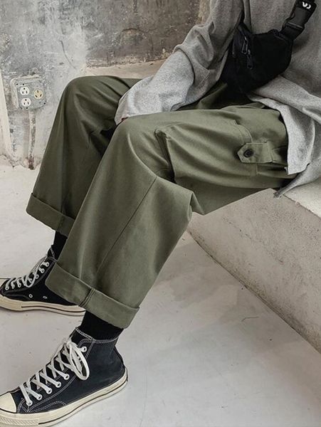 men drawstring waist pocket patched pants r1yp#, Black