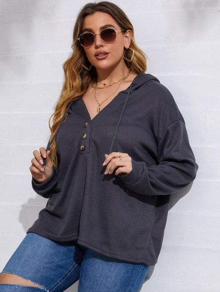 plus waffle knit drop shoulder drawstring hoodie r9zv#, Black 
plus waffle knit drop shoulder drawstring hoodie r9zv#, Black