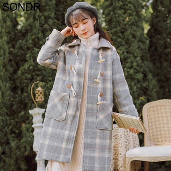 women's wool & blends plaid thick woolen coat 2021 winter japanese soft girl loose wild horn button long vintage ladies jacket, Black
women's wool & blends plaid thick woolen coat 2021 winter japanese soft girl loose wild horn button long vintage ladies jacket, Black