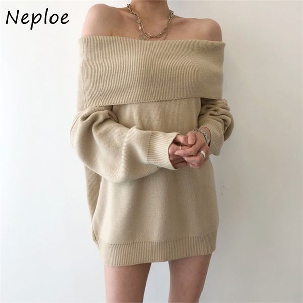 elegant slash neck knitted sweater solid color long sleeve korean chic autumn winter loose mid-length pullover 210422, White;black
elegant slash neck knitted sweater solid color long sleeve korean chic autumn winter loose mid-length pullover 210422, White;black