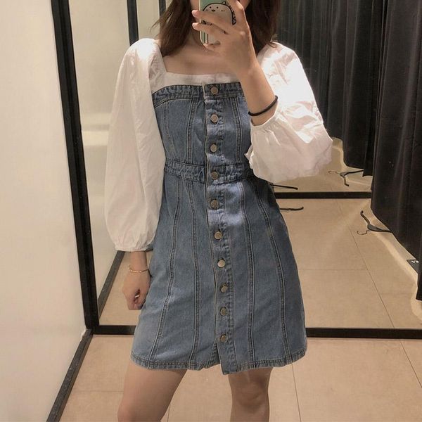 casual dresses women lantern long sleeve button up square collar a line chic party dress high street jeans patchwork mini, Black;gray
casual dresses women lantern long sleeve button up square collar a line chic party dress high street jeans patchwork mini, Black;gray