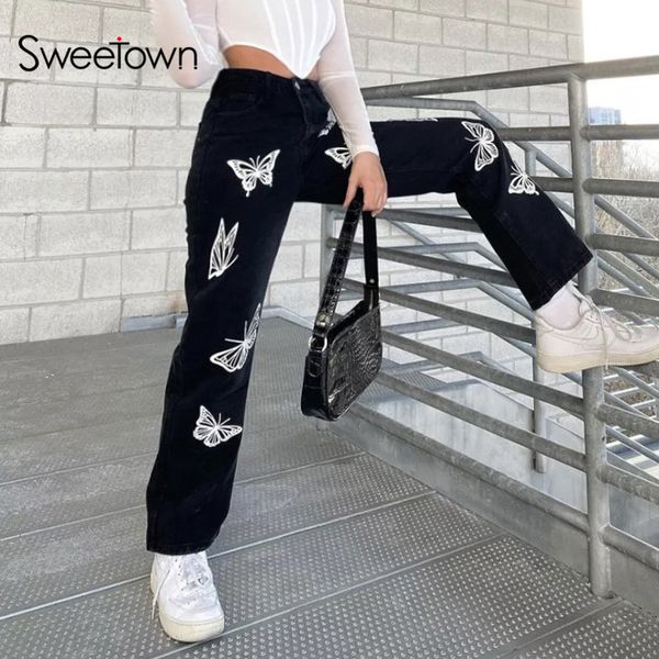black baggy jeans women white butterfly print y2k aesthetic denim pants korean fashion high waist straight trousers, Black;white 
black baggy jeans women white butterfly print y2k aesthetic denim pants korean fashion high waist straight trousers, Black;white