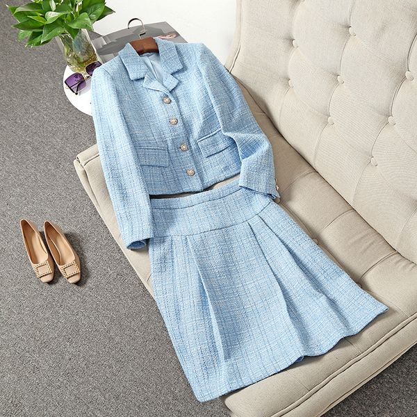 2021 fall autumn long sleeve notched-lapel blue plaid weave tweed single-breasted blazers coat + knee-length skirt two piece suits 2 pieces, White
2021 fall autumn long sleeve notched-lapel blue plaid weave tweed single-breasted blazers coat + knee-length skirt two piece suits 2 pieces, White