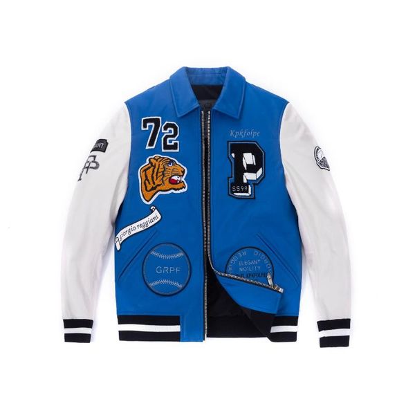 men's leather & faux lambskin shirt collar pattern patches genuine bomber jacket, Black
men's leather & faux lambskin shirt collar pattern patches genuine bomber jacket, Black