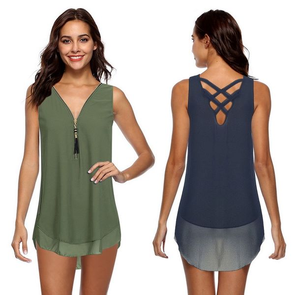 plus size lady solid color v neck sleeveless chiffon zipper blouse shirt vest tank loose ladies blouse top, White
plus size lady solid color v neck sleeveless chiffon zipper blouse shirt vest tank loose ladies blouse top, White