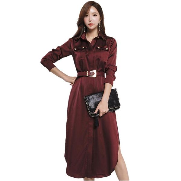 casual dresses fashion 2021 korean women shirt dress autumn wine red single breasted long sleeve split midi sashes vestidos, Black;gray
casual dresses fashion 2021 korean women shirt dress autumn wine red single breasted long sleeve split midi sashes vestidos, Black;gray